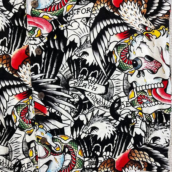 Ed Hardy "Death Before Dishonor" Button Down Shirt Graphic Print Men's S Skulls - Picture 3 of 8